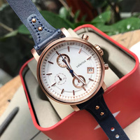 Jam Tangan Pria Quartz Valerius Logo Kustom, Kronograf Tanggal Tali Kulit PU Biru Tua, Arloji Bisnis