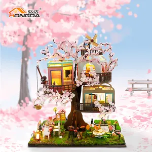 Hongda yüksek kalite L2221 Sakura ağacı evi ahşap Diy minyatür Dollhouse bebek evi için minyatür mobilya