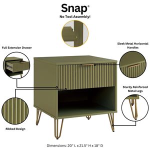 Olive Green Nightstand with Ribbed <b>Drawer</b> and Open Shelf Metal Legs - Product Image 4