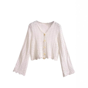 Cárdigan de punto para mujer con manga acampanada hueca, cuello en V, holgado, manga larga, transpirable, de ganchillo, camisa de protección solar - Product Image 4