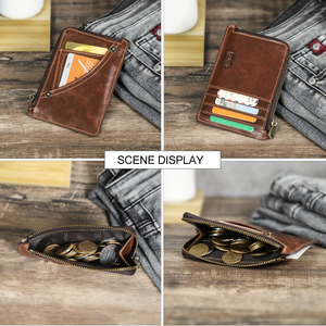 Portefeuille fin en denim pour homme avec porte-cartes RFID, en cuir véritable, avec poche à monnaie zippée, design léger et décontracté - Product Image 3