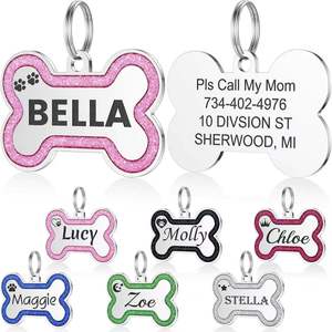 Wholesales Custom LOGO Nautical Animal Glitter Stainless Steel Dog <b>ID</b> <b>Tag</b> Multi Color Engraved Bone Pet Accessories DIY Laser - Product Image 1