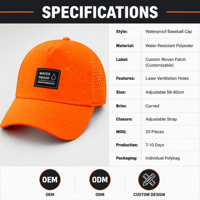 Casquette de baseball imperméable en sergé 100 % polyester avec logo personnalisé, ajustable, 6 panneaux, trous de ventilation laser, unisexe, OEM, vente en gros, MOQ
