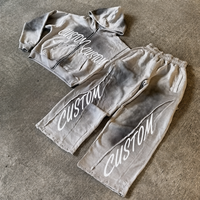 Ensemble sweat à capuche zippé et pantalon de survêtement ample pour homme, style streetwear décontracté, avec logo imprimé DTG, strass et délavage vintage