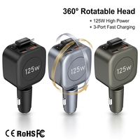 Chargeur de voiture rapide 125W PD PPS SCP avec tête rotative à 360 degrés, câble Type-C rétractable intégré, résistant au feu, pour montres intelligentes et téléphones
