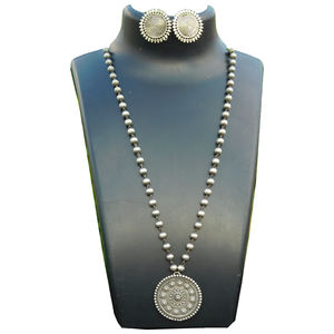 latest designer western handmade tribal silver look alike <b>brass</b> chain with round pendent <b>necklace</b> set for womens and girls - Product Image 1