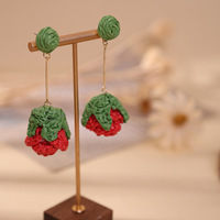 Pendientes Largos de Rafia Tejida a Mano con Colgante de Rosa Tridimensional, Estilo Veraniego Fresco para Vacaciones en la Playa, para Mujer