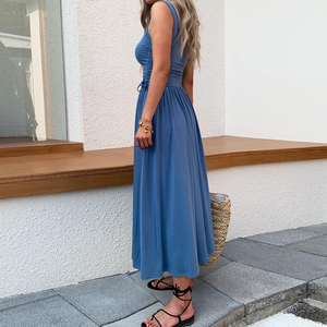 بيع بالجملة النساء عارضة بلا أكمام مربع الرقبة فستان طويل الجانب الرباط Ruched لينة فساتين الشاطئ الصيف دافئ - Product Image 2