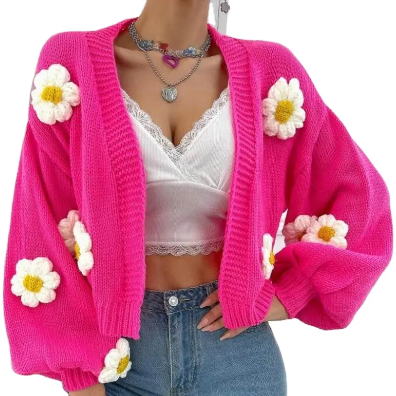 Custom Winter Long Sleeve Chunky Oversize Knitted Jacket Hand Make Cardigan Warm Large Loose Sweater Floral cardigan sweater