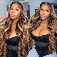 Mixte 4 # /27 #   Perruques Lace Front Cheveux Humains Blond Miel avec Mèches, Ondulées, Densité 150% 180% 200%, Perruques Colorées Blond Miel et Marron