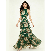 Nouvelle Robe Longue d'Été Vert à Imprimé Floral pour Femme, Col Halter Sans Manches, Découpes à la Taille, Volants Superposés en Mousseline, Style Bohème pour Fête à la Plage