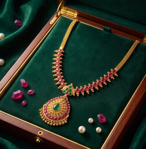 DIVYORO Premium <b>Ruby</b> Emerald Jhumka Long <b>Necklace</b> Earring Set Gold Plated Classic Fashion Jewelry for Women South Indian Wedding - Product Image 2