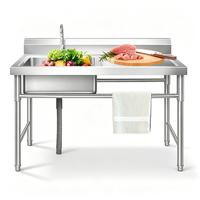 Évier commercial en acier inoxydable avec plateforme de travail et zone de drainage, bac de préparation et de lavage pour cuisine avec zone de découpe, taille personnalisable disponible
