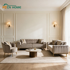PZCN <span class=keywords><strong>HOME</strong></span> Vente en gros Usine OEM Ensemble complet de canapés de salon en velours gris capitonné style Art Déco avec métal doré pour salon et hôtel - Product Image 1