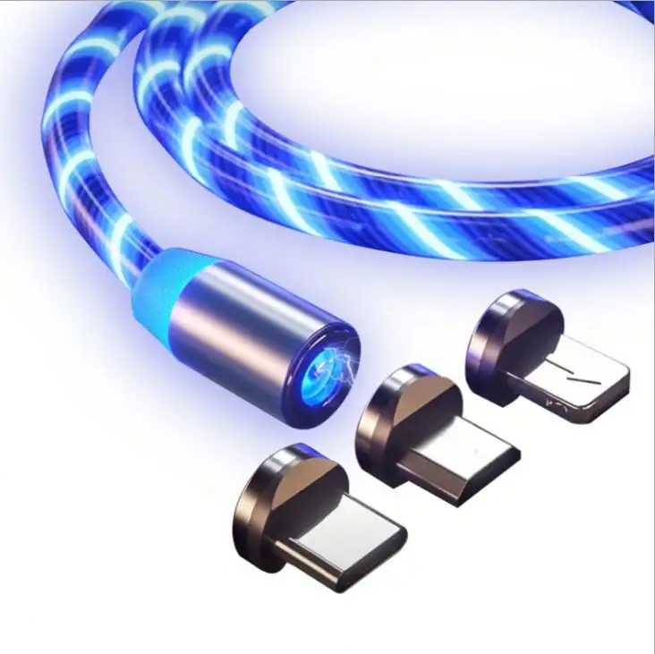 Venta caliente Magnético 3 en 1 Cable USB de carga rápida Luz que fluye Accesorios para teléfonos Led Luminoso Tipo C Micro Cables de datos