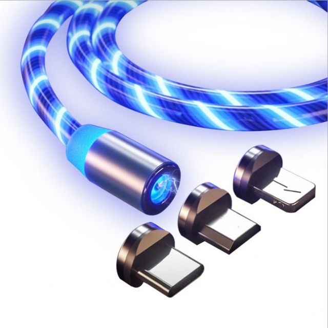 Kinggard Hot Sale Magnetic 3 in 1 Fast Charging 2A USB Cable Flowing Light Led Luminous Type C Micro Data Cables Braid Shielding