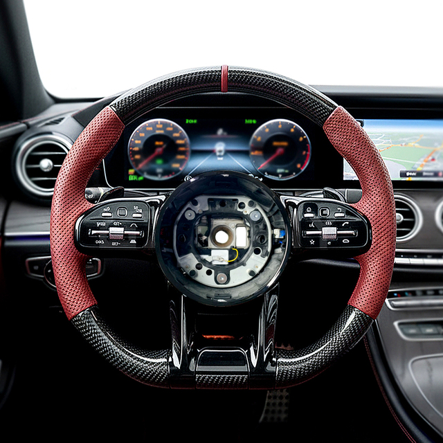 Performance Carbon Fiber Orange Leather Custom AMG-Style Steering Wheel Center Mark & Multi-Function Controls for Mercedes-Benz