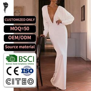 เดรสยาวทรงเข้ารูปผ้าซาตินคอวีลึกสำหรับผู้หญิงแบบใหม่ขายส่ง  แขนยาวสำหรับงานปาร์ตี้ยามเย็นและคลับ - Product Image 1