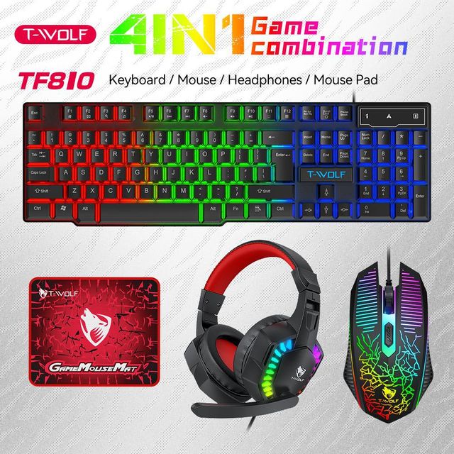 T-WOLF TF810 USB Wired Illuminated Keyboard Mouse Headset and Mousepad Four-Piece Gaming Combo Spanish Version