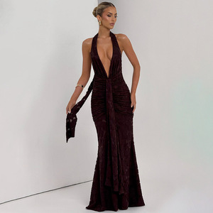 Evening Dress Women Deep V-Neck Halter Lace <b>Up</b> Pleated Long Formal Gown Natural Waistline <b>Open</b> Back Design - Product Image 1