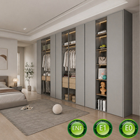 Système de dressing Walk-in avec portes grises sans poignées, vitrine chaude en verre, éclairage moderne, minimaliste, tiroirs en bois de niveau E0 et panneaux en osier