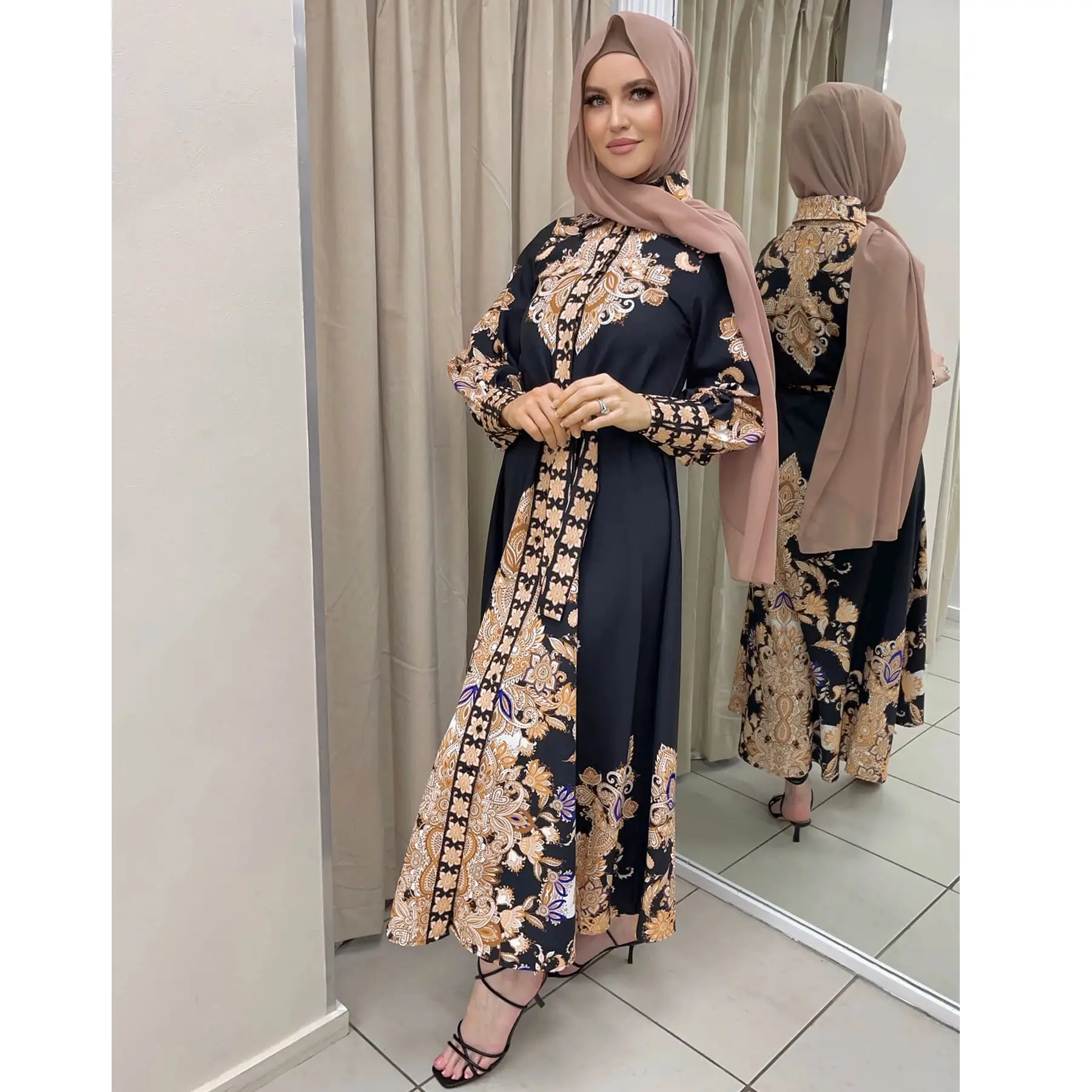 202459 Abaya Women Muslim Dress Islamic Clothing Floral Printed Dubai Kaftan Shirtdress Long Sleeve Abaya With Belt
