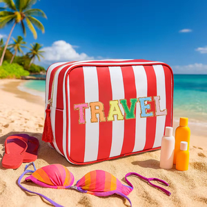 Bolsa de Maquillaje <span class=keywords><strong>Grande</strong></span> con Borla y Rayas Rojas, 9 Colores Disponibles, Bolsa de Viaje de Nailon con Cierre para Mujeres y Niñas, Ideal para Vacaciones en la <span class=keywords><strong>Playa</strong></span> - Product Image 1