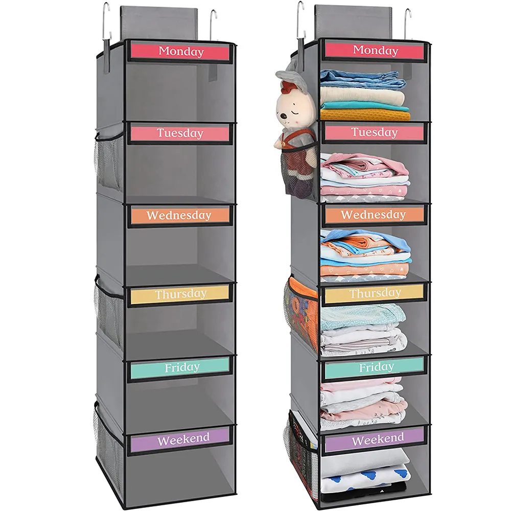Custom 6-Shelf Hanging Closet Organizer Hanging Shelves with Weekly Label for Closet Storage Box with Hook