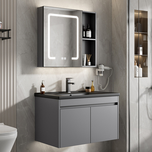 <span class=keywords><strong>Meuble</strong></span>-<span class=keywords><strong>lavabo</strong></span> mural pour projet hôtelier, en aluminium étanche, avec vasque noire, miroir LED rond et unité latérale - Product Image 5