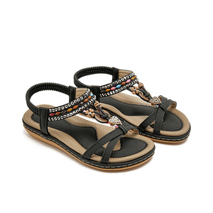Beige T-Strap Flat <b>Sandals</b> With Beaded Decoration Open Toe Slip-On Women's Summer Shoes Microfiber Leather Rubber Outsole - Product Image 4