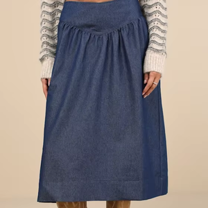 Falda vaquera larga plisada Vintage de cintura alta para mujer Bleu Marine de talla grande Sexy pantalones vaqueros largos con botones lavados verano primavera A-Line - Product Image 1