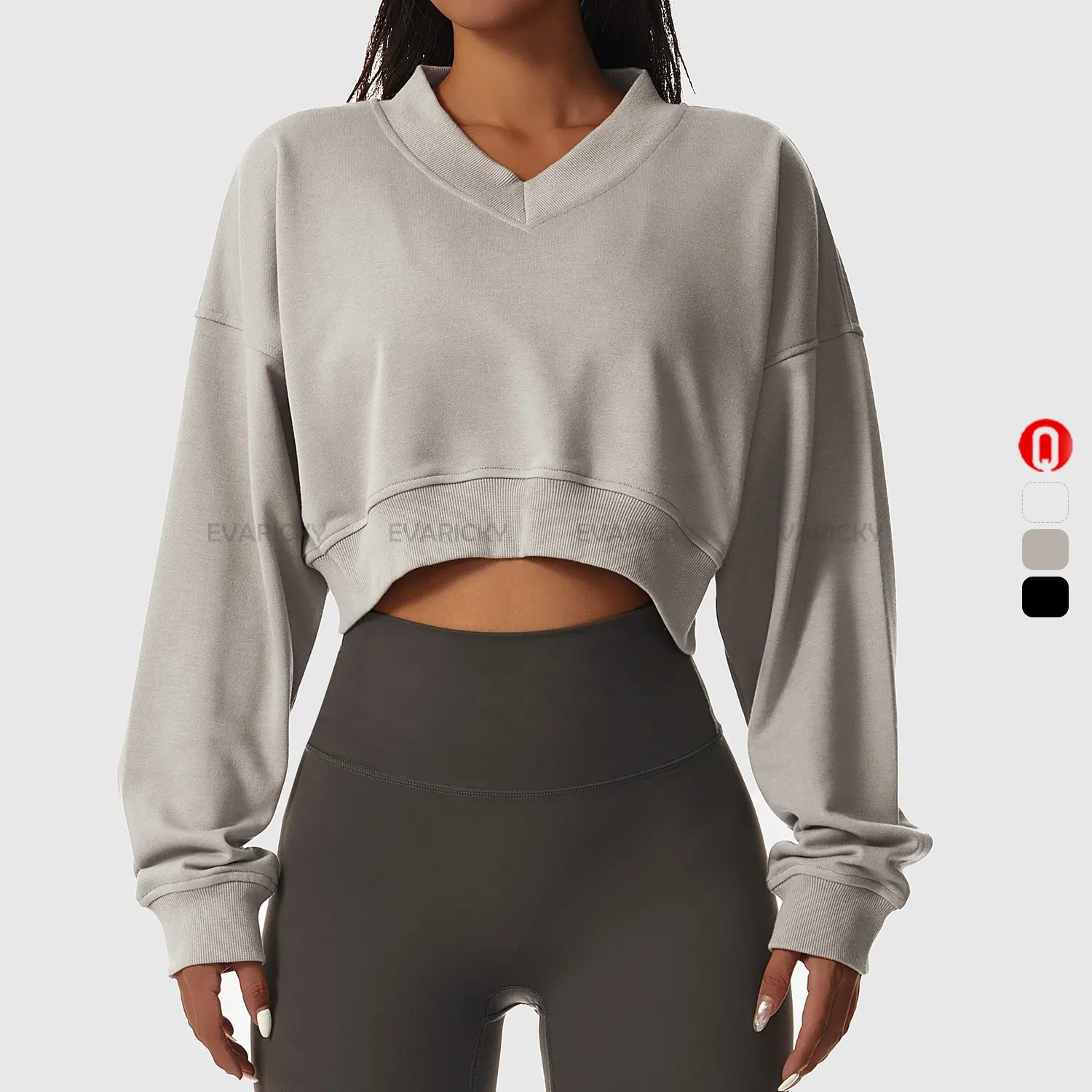Oversized V Neck Design Long Sleeve Crop Top Sports Wear Women Yoga Top Terry Fabric Gym Fitness Sweatshirt For Custom Logo