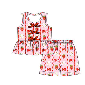 GSSO3590 Conjunto infantil personalizado para niña activa con estampado de lazos de fresa roja, sin mangas, venta al por mayor - Product Image 1