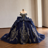 Robe de bal bleu marine Jancember 261096, épaules dénudées, corsage cœur, jupe brodée métallique baroque pour Gala