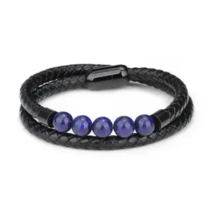 Natural combination leather bracelet for men of fathers' day gift beaded with lava stone lasurite howlite tiger eyes