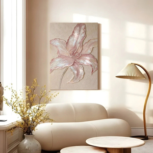 Peinture à l'huile 3D texturée épaisse, Lys rose peint à la main, Effet nacré scintillant, Art floral sur toile, <span class=keywords><strong>D</strong></span>écoration murale crème Wabi Sabi pour chambre à coucher - Product Image 6