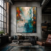 Peinture à l'huile sur toile texturée turquoise et orange, peinte à la main, abstraite, verticale, pour salon