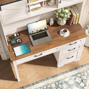Escritorio Ejecutivo Estilo Rústico con Estante Superior y 4 Cajones, Estación de Trabajo Grande de Madera Blanca para Dormitorio o Estudio - Product Image 4