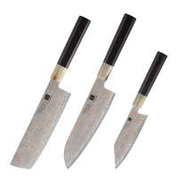 Trio de couteaux japonais en acier Damas de qualité supérieure : Nakiri 7 pouces, Santoku 7 pouces et Santoku 5,5 pouces pour une préparation authentique