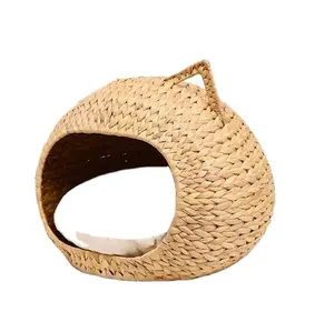 eco friendly woven pet cave nest durable natural water hyacinth pet cat houses cute cat shaped house with pillow