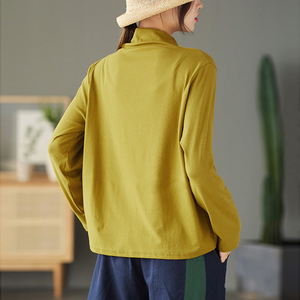 Women's Long Sleeve T-Shirt High Neck Button Design Yellow Soft Knit <b>Top</b> Spring Autumn Base <b>Layer</b> - Product Image 4