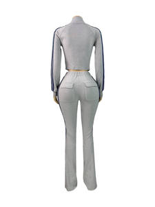 Damen-Outfit Gestreiftes Patchwork Langarm-Kapuzen-Crop-Top und Hose Lässiges Sport-2-Teiler-Set - Product Image 5