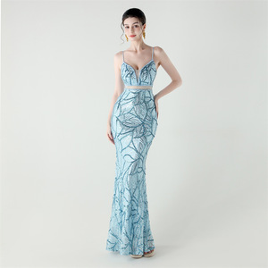 Nuovo Abito da Sera Estivo in Cashmere con Schiena in Rete Trasparente, Spalline Sottili, Effetto Illusione, Stile Red Carpet, Gonna a Sirena Lunga fino al Pavimento con Paillettes - Product Image 1