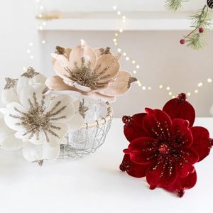 Velvet Artificial Glitter Magnolia Flowers Christmas Poinsettia Ornaments Christmas <b>Tree</b> Magnolia Flowers for Xmas - Product Image 6
