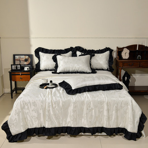 Parure de lit de luxe en soie lavée, motif papillon, bordure volantée noire, jacquard blanc, drap plat rafraîchissant et fin toutes saisons, taille Queen - Product Image 4
