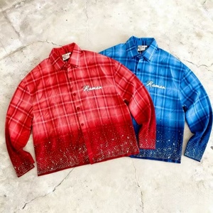 Chemises pour hommes sur mesure de luxe, coupe oversize, effet vieilli, délavées à l'acide, à carreaux, boutonnées, en coton et flanelle, avec strass, à manches longues - Product Image 1