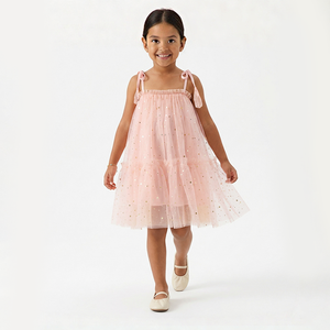 Vestido de tirantes de tul de doble capa con purpurina de estrellas doradas rosa claro <span class=keywords><strong>para</strong></span> niñas, con lazo, transpirable, hasta la rodilla, informal, <span class=keywords><strong>para</strong></span> fiesta, ODM, verano - Product Image 1