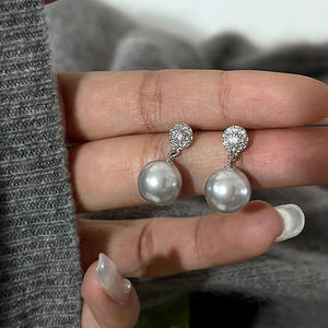 Boucles d'oreilles classiques Jok Teb avec perle de culture blanche de forme ronde AAA, sertissage pavé en argent, pour mariage, bijoux pour femmes - Product Image 4