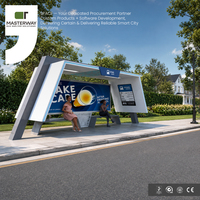 Abri de bus urbain moderne avec structure en aluminium, bande lumineuse LED et panneau publicitaire