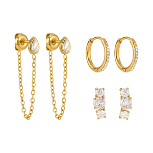 Ensemble de 3 paires de boucles d'oreilles J&D Jewelry en acier inoxydable plaqué or 18 carats, avec zircon cubique taille poire et pampilles, pour femmes - Product Image 1